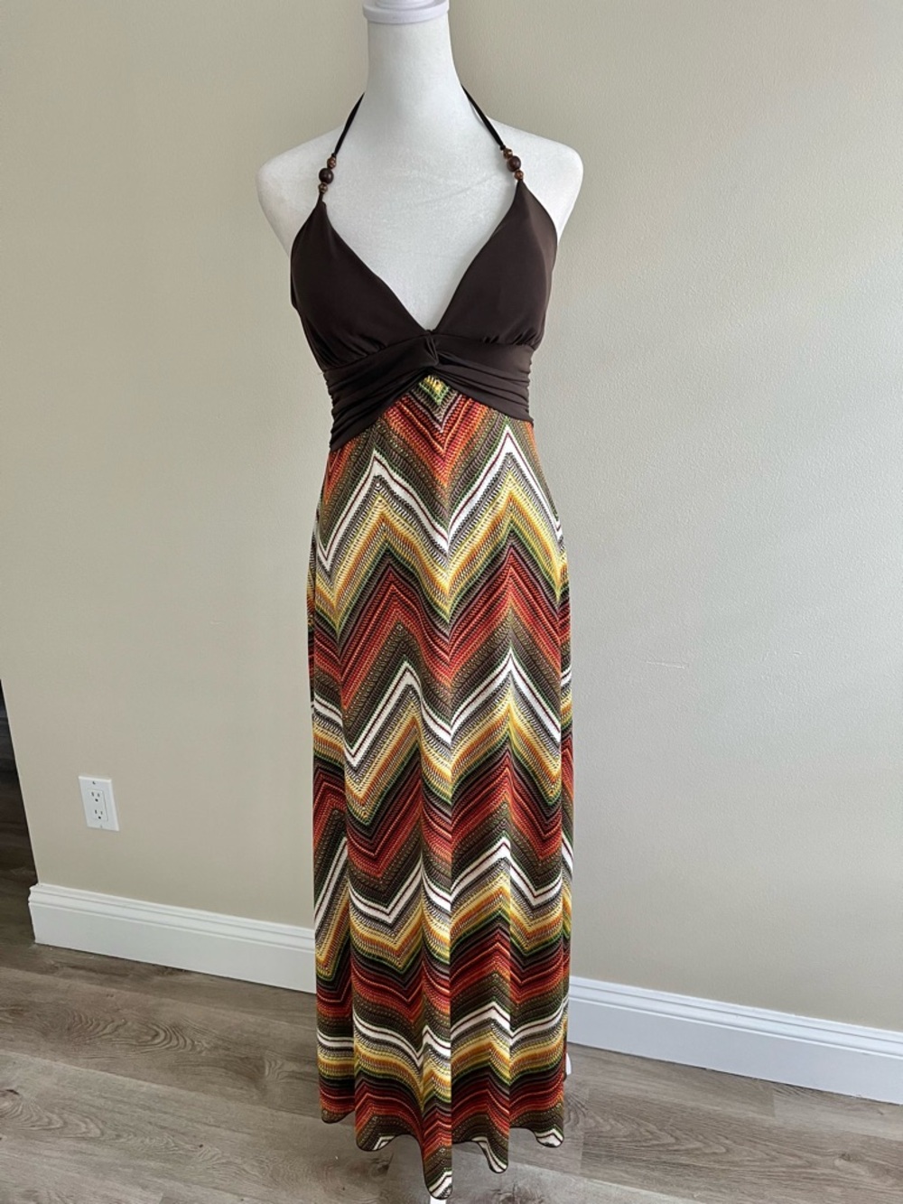 Boho Brown Green Orange Chevron Halter Maxi Dress With Beads Speechless Small